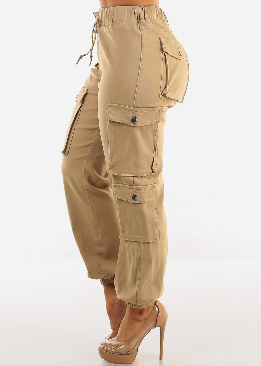 Drawstring Waist Hyper Stretch Cargo Jogger Pants Khaki