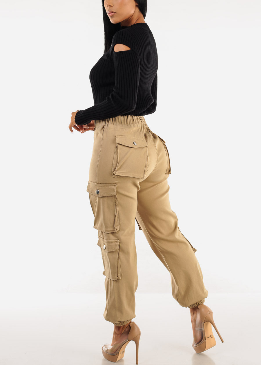 Drawstring Waist Hyper Stretch Cargo Jogger Pants Khaki