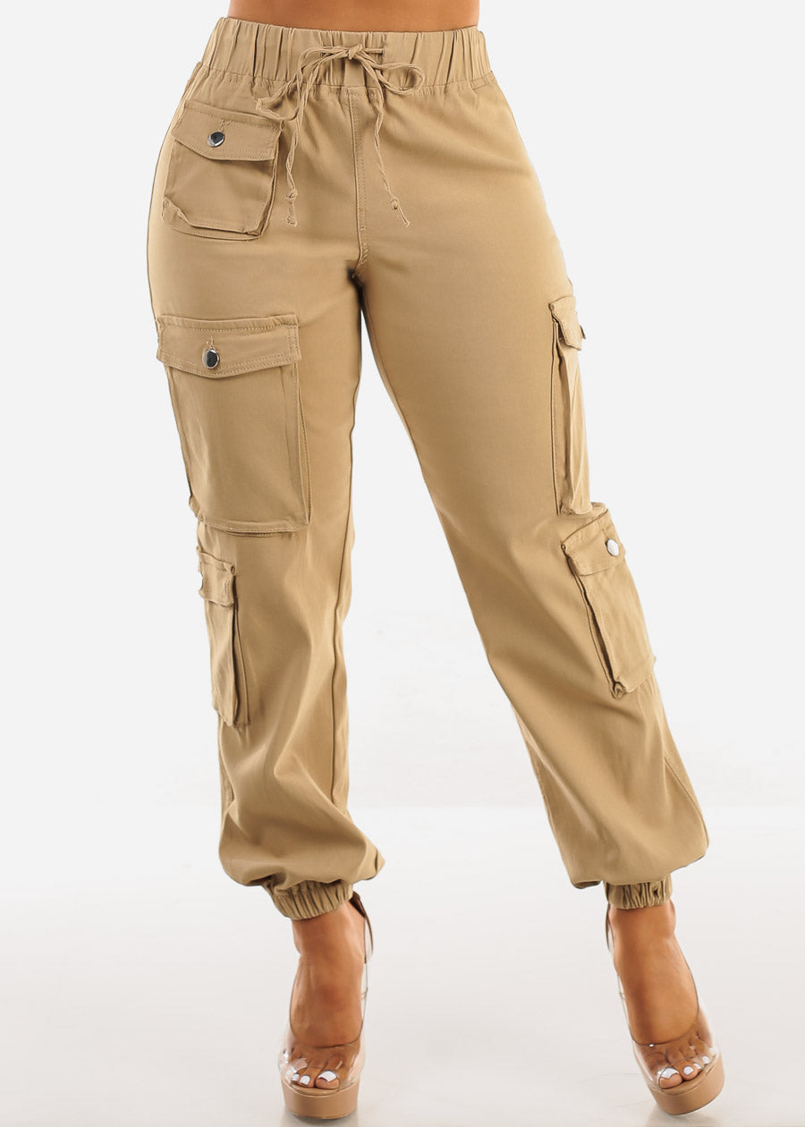 Drawstring Waist Hyper Stretch Cargo Jogger Pants Khaki