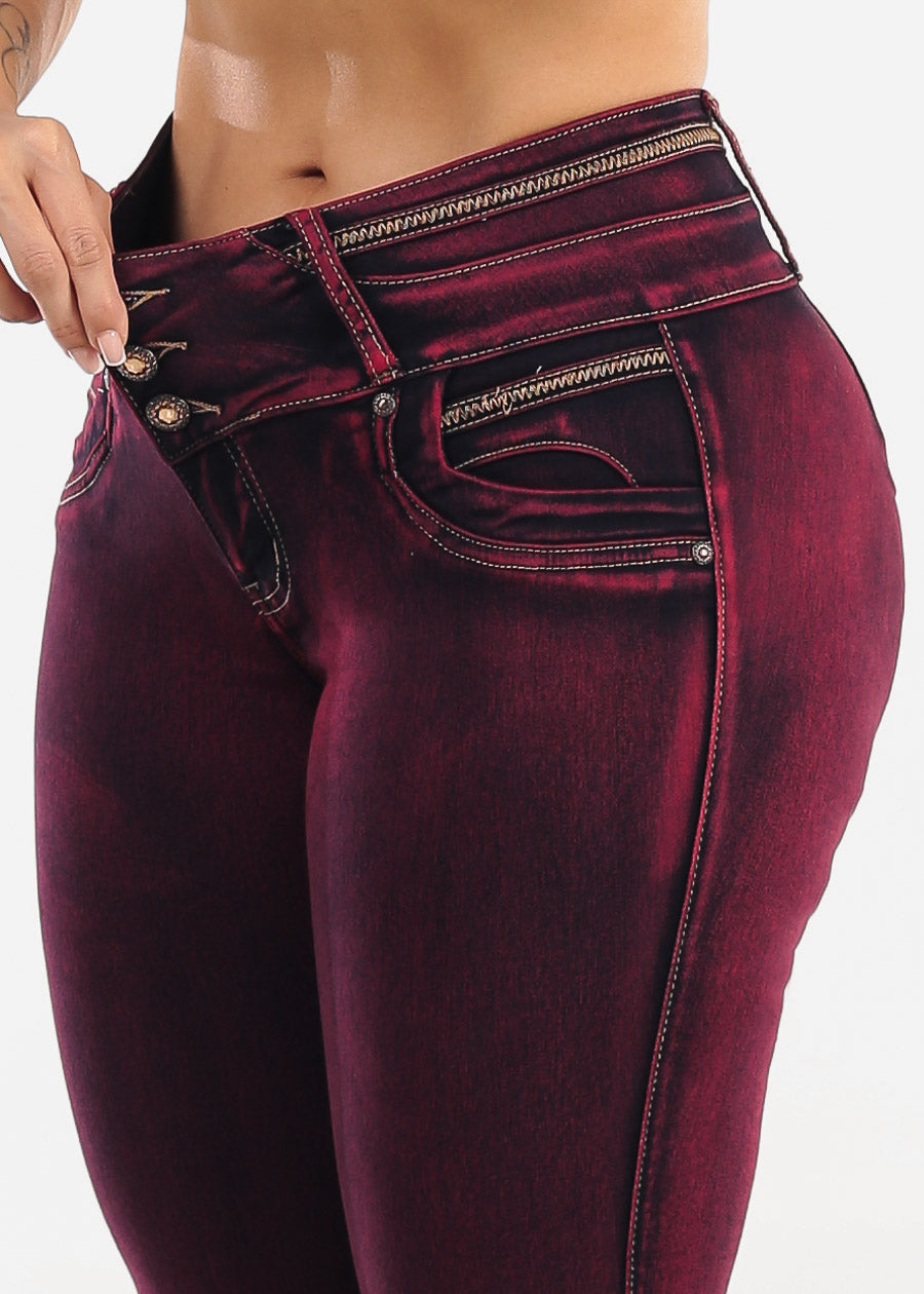 MX JEANS Butt Lifting Burgundy Acid Wash Skinny Jeans