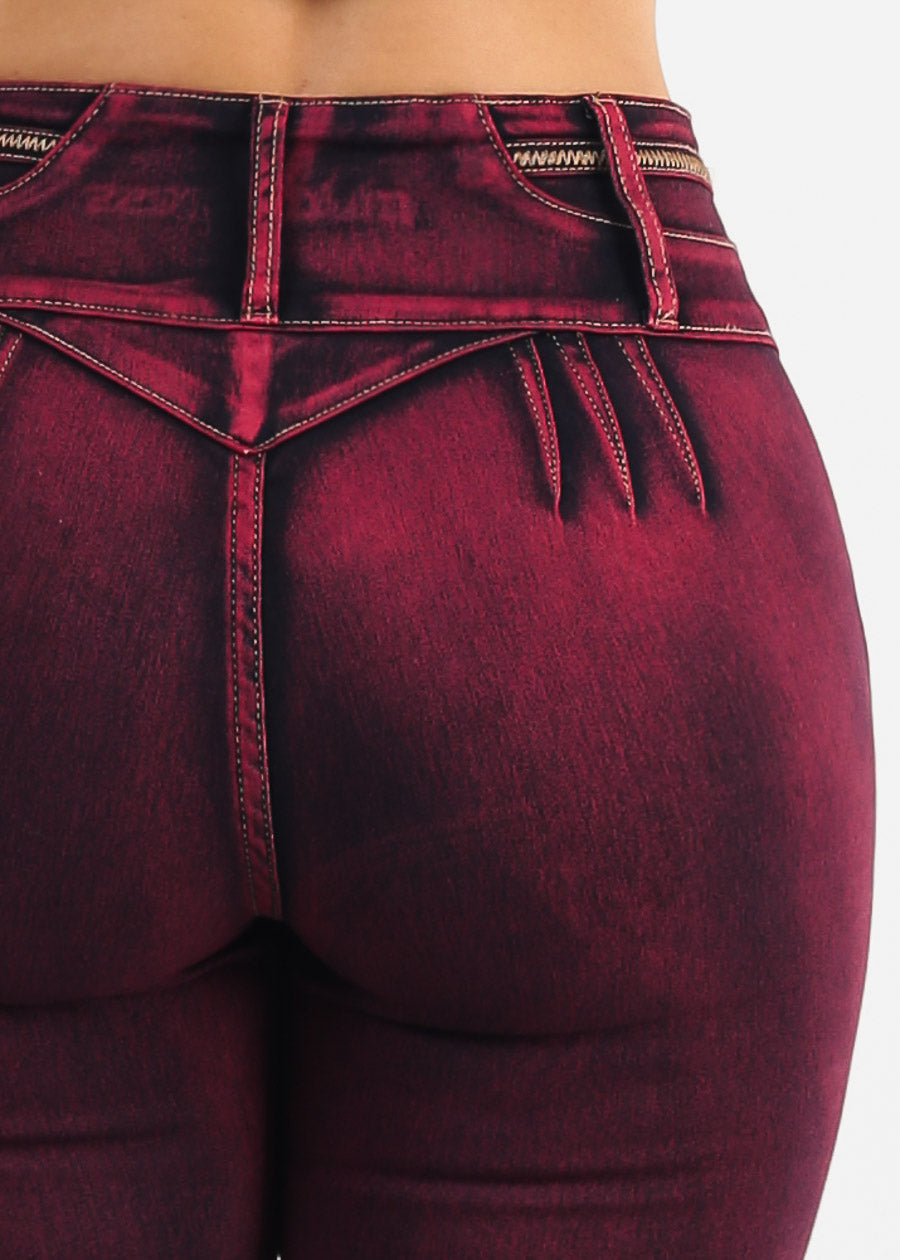 MX JEANS Butt Lifting Burgundy Acid Wash Skinny Jeans