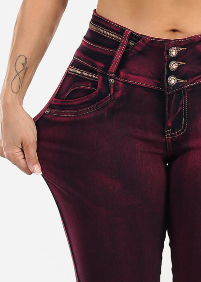 MX JEANS Butt Lifting Burgundy Acid Wash Skinny Jeans