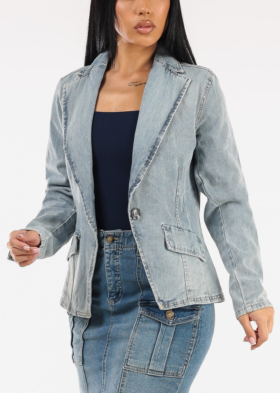 Long Sleeve Light Wash Denim Blazer
