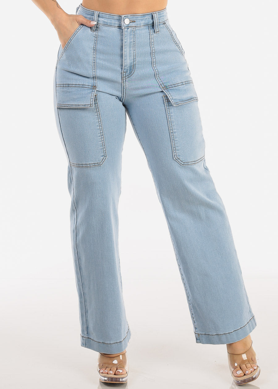 Butt Lift Super High Waist Wide Leg Stretch Jeans Light Wash