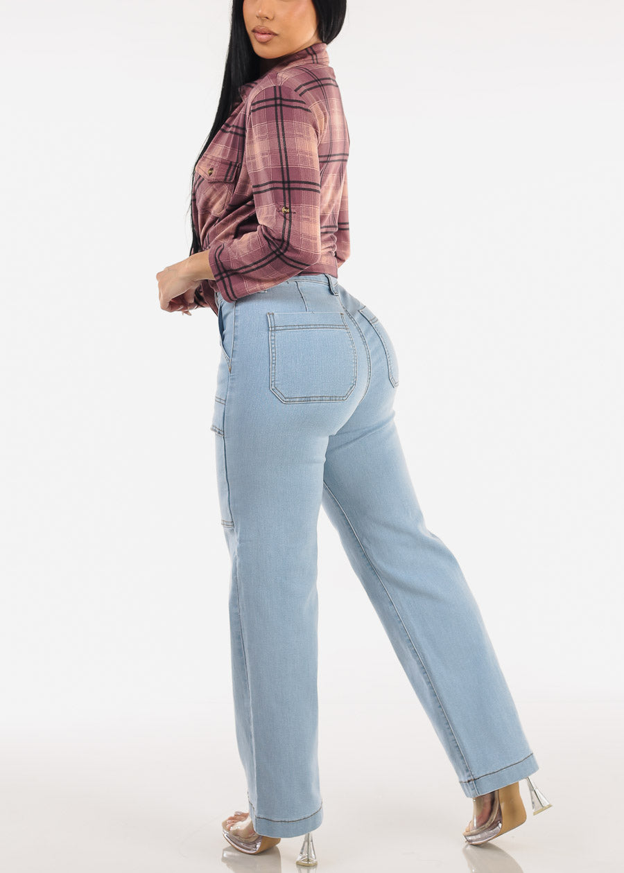 Butt Lift Super High Waist Wide Leg Stretch Jeans Light Wash