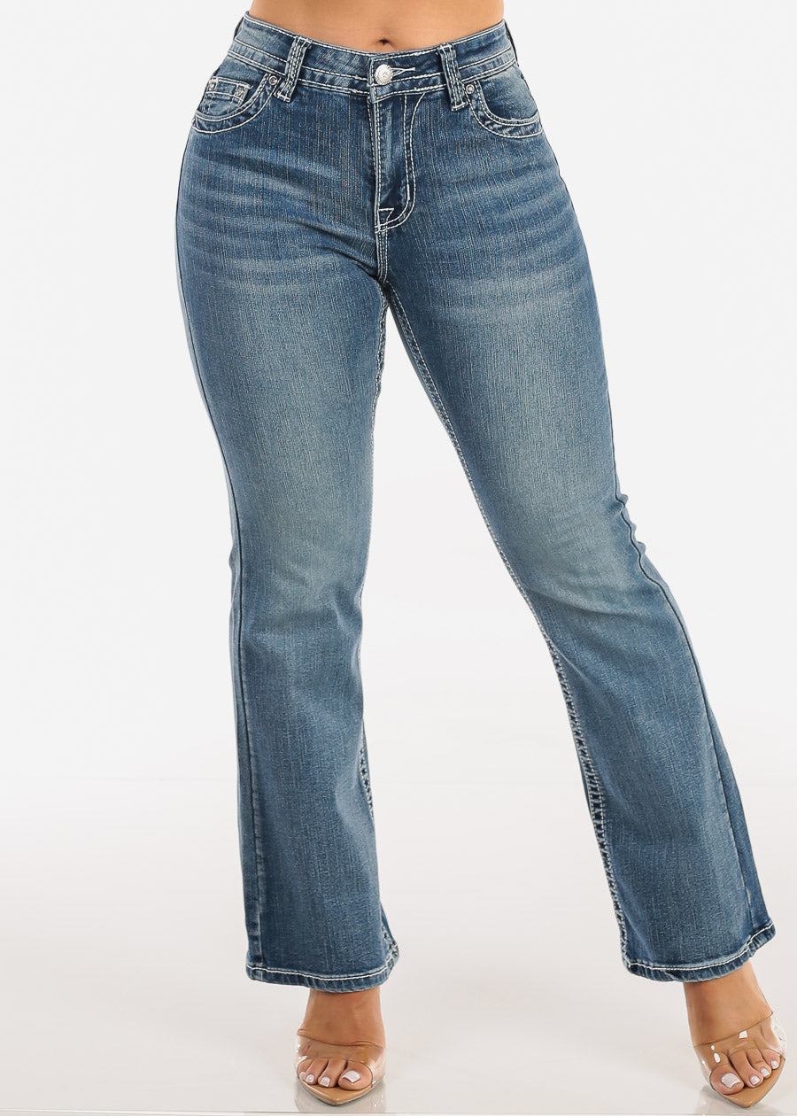 Mid Rise Stretch Vintage Wash Bootcut Jeans w Back Pocket Design