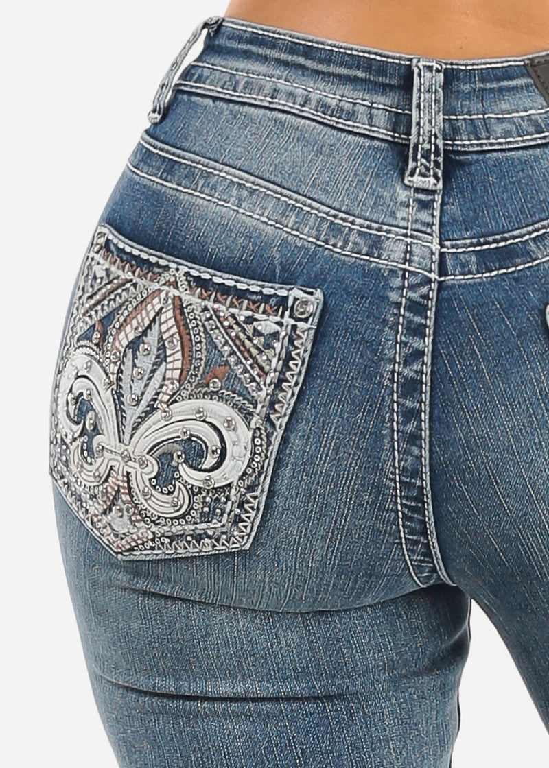Mid Rise Stretch Vintage Wash Bootcut Jeans w Back Pocket Design