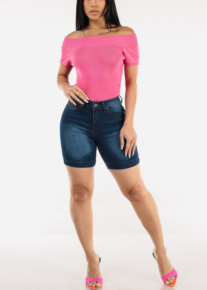 Stretchy High Waist Mid Thigh Denim Shorts Med Blue