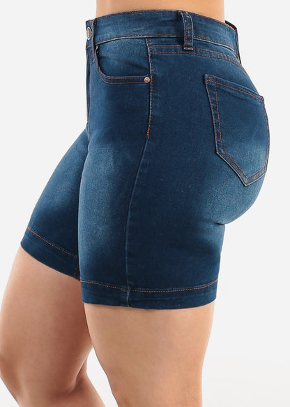 Stretchy High Waist Mid Thigh Denim Shorts Med Blue
