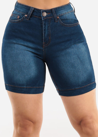 Stretchy High Waist Mid Thigh Denim Shorts Med Blue