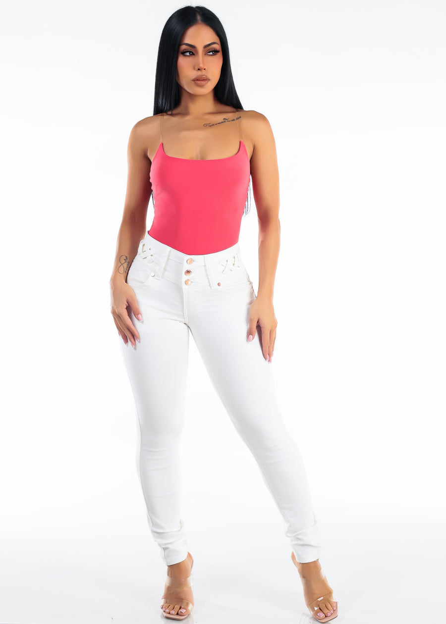 MX JEANS Butt Lift High Waist Stretch Skinny Jeans White w Lace Up Design