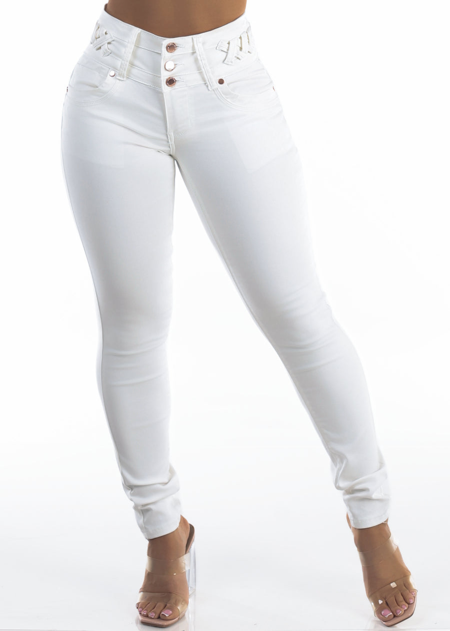 MX JEANS Butt Lift High Waist Stretch Skinny Jeans White w Lace Up Design