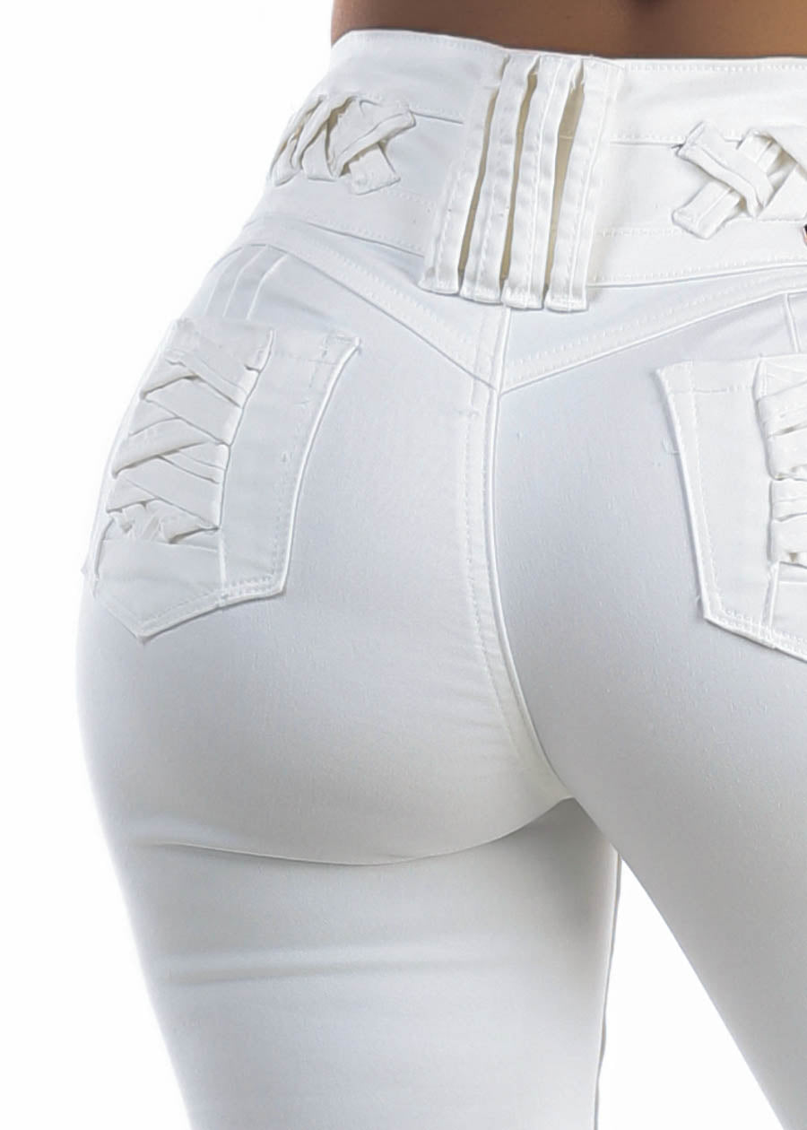 MX JEANS Butt Lift High Waist Stretch Skinny Jeans White w Lace Up Design