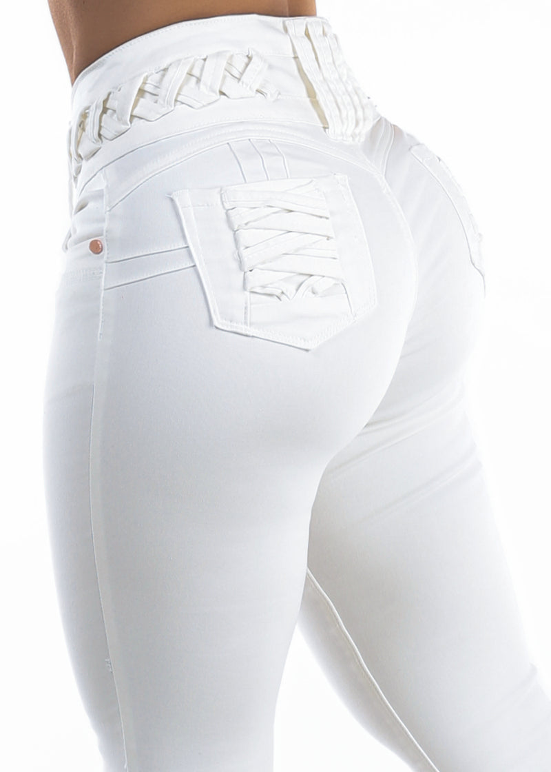 MX JEANS Butt Lift High Waist Stretch Skinny Jeans White w Lace Up Design