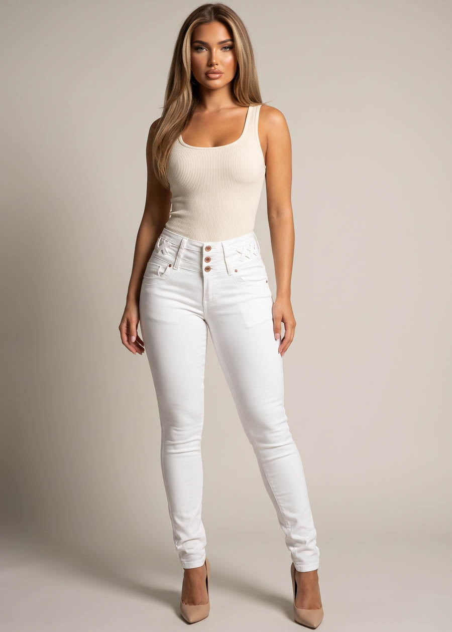 MX JEANS Butt Lift High Waist Stretch Skinny Jeans White w Lace Up Design, view 3 of 13