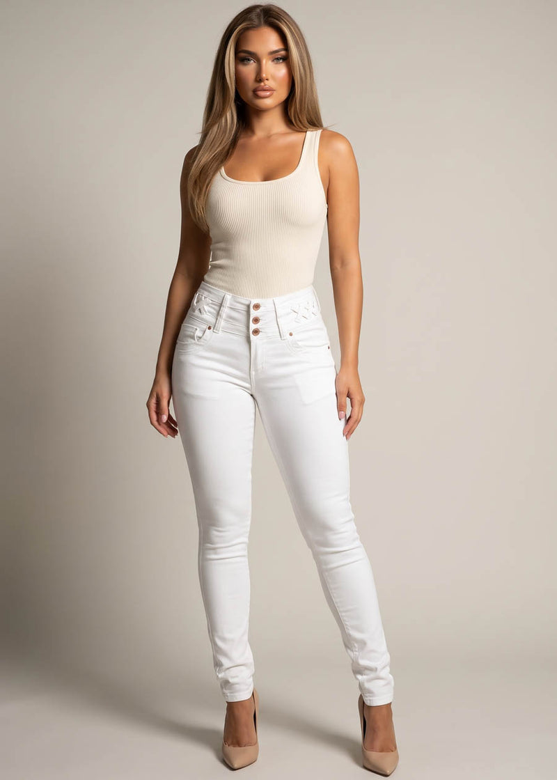 MX JEANS Butt Lift High Waist Stretch Skinny Jeans White w Lace Up Design