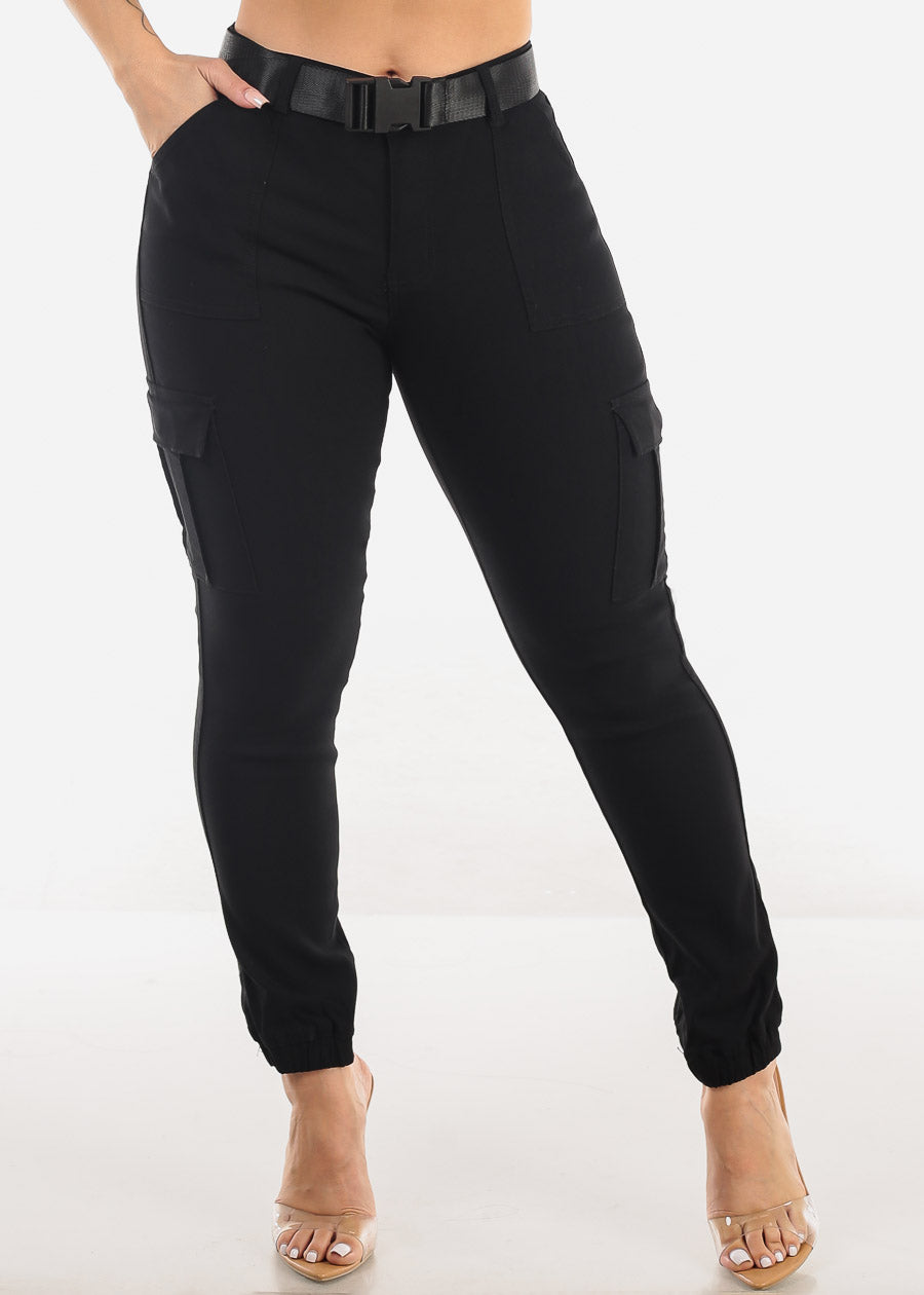 Black Belted Hyper Stretch Cargo Jogger Pants