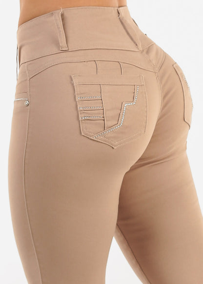 Butt Lift Mid Rise Khaki Stretch Skinny Jeans