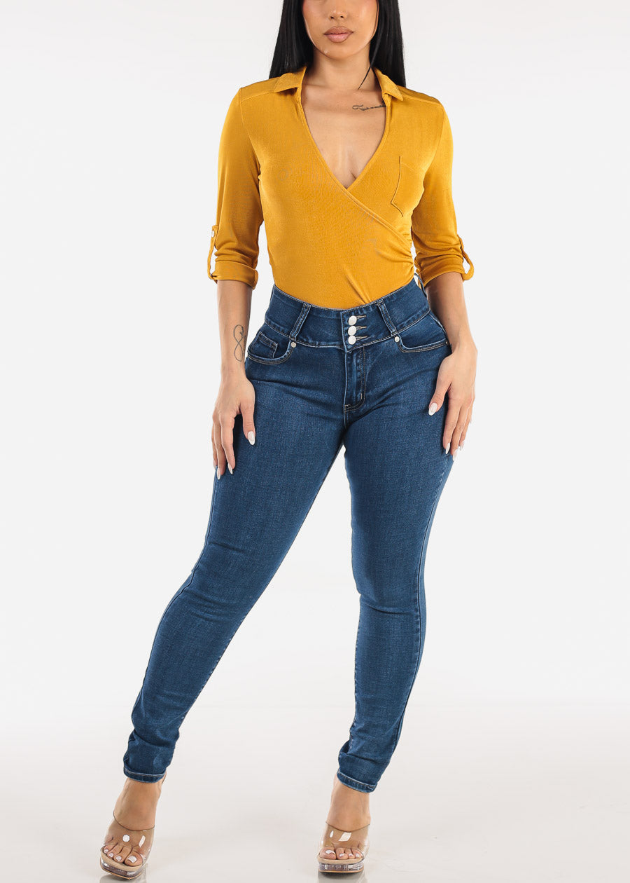 Butt Lift High Waist Chain Pocket Skinny Jeans Dark Bleach Wash