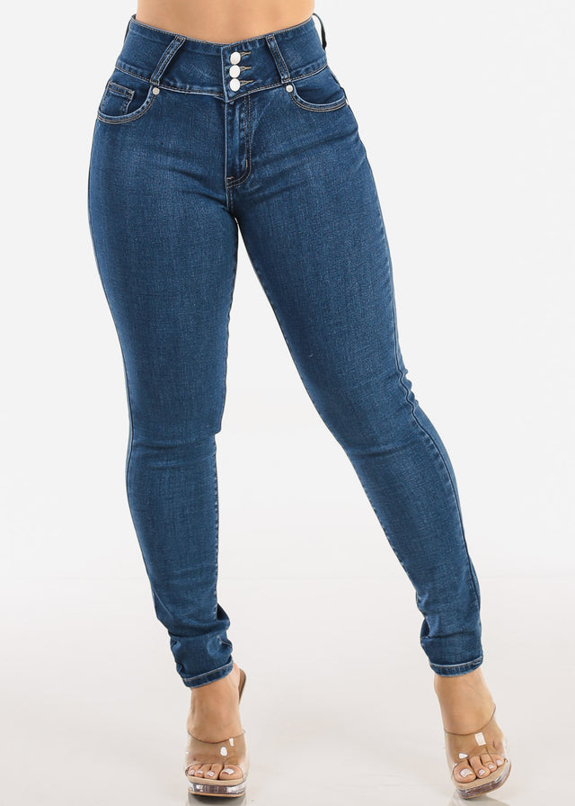 Butt Lift High Waist Chain Pocket Skinny Jeans Dark Bleach Wash