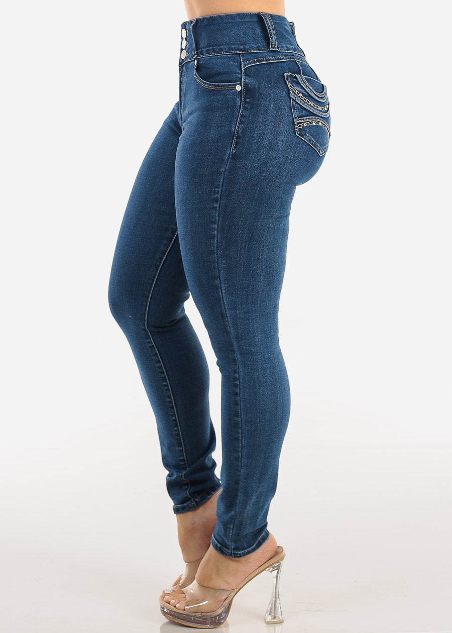 Butt Lift High Waist Chain Pocket Skinny Jeans Dark Bleach Wash