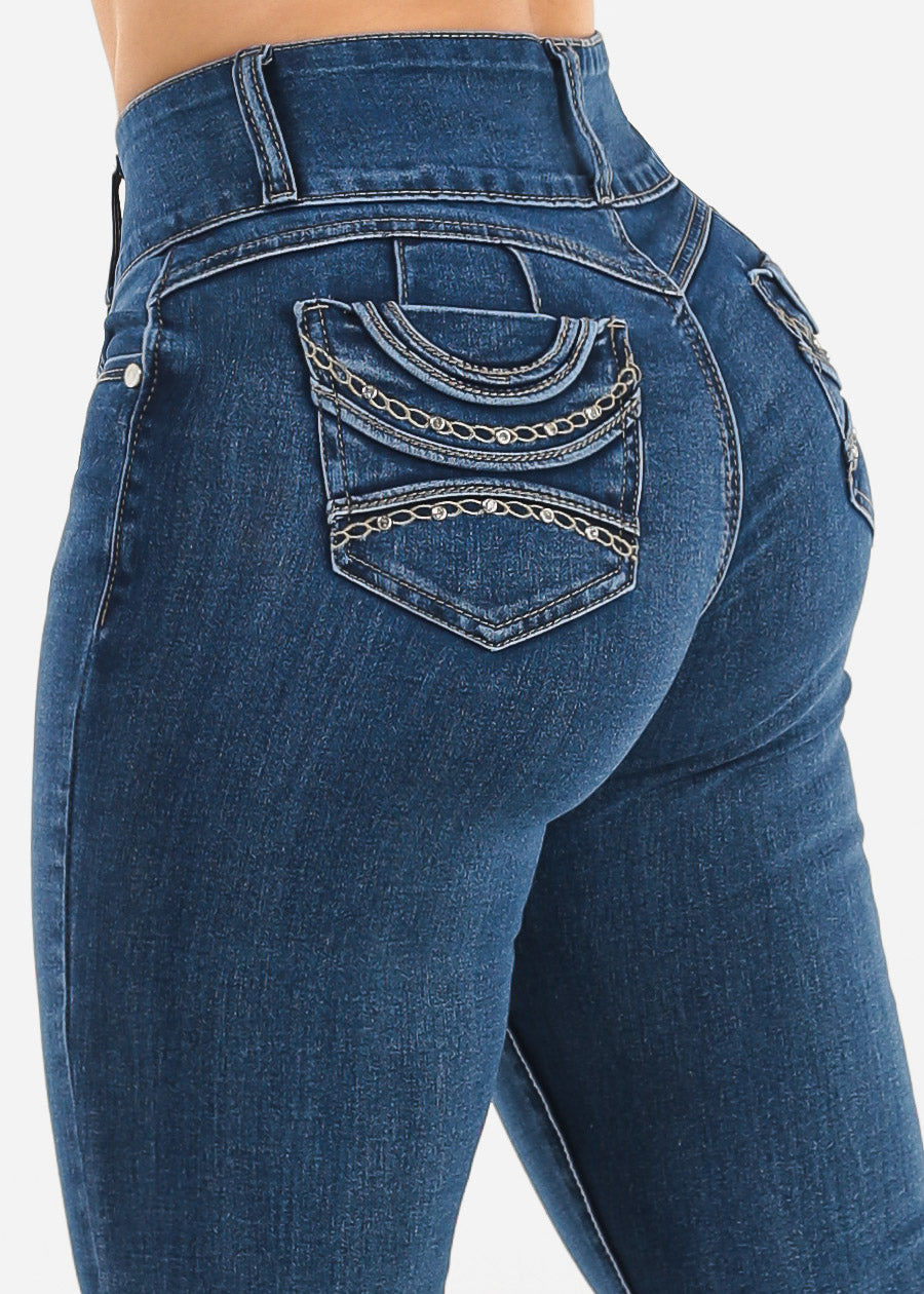 Butt Lift High Waist Chain Pocket Skinny Jeans Dark Bleach Wash