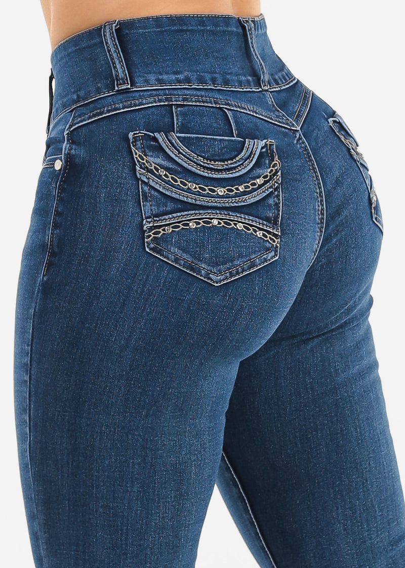 Butt Lift High Waist Chain Pocket Skinny Jeans Dark Bleach Wash