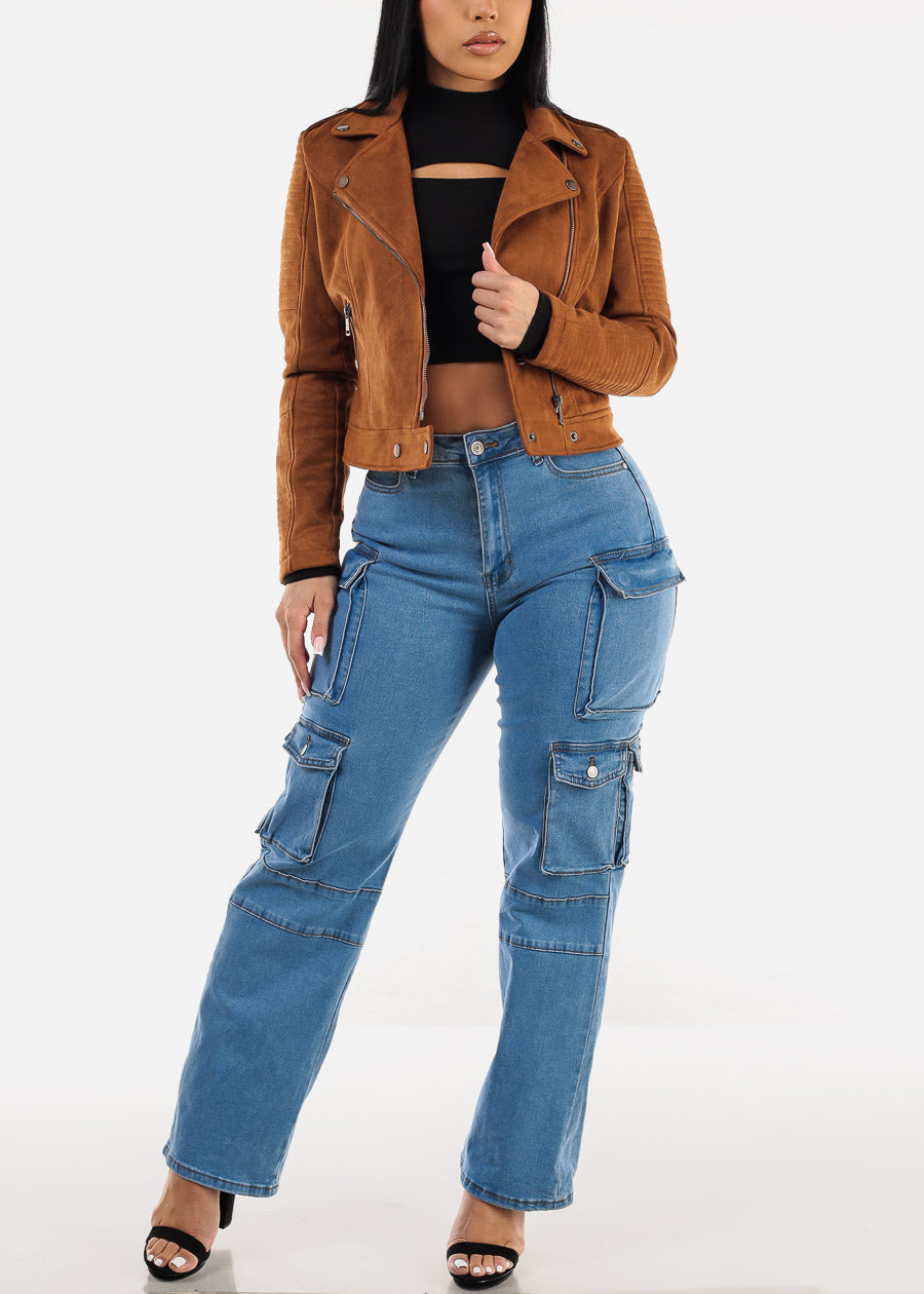 Super High Waist Straight Wide Leg Cargo Jeans Med Blue