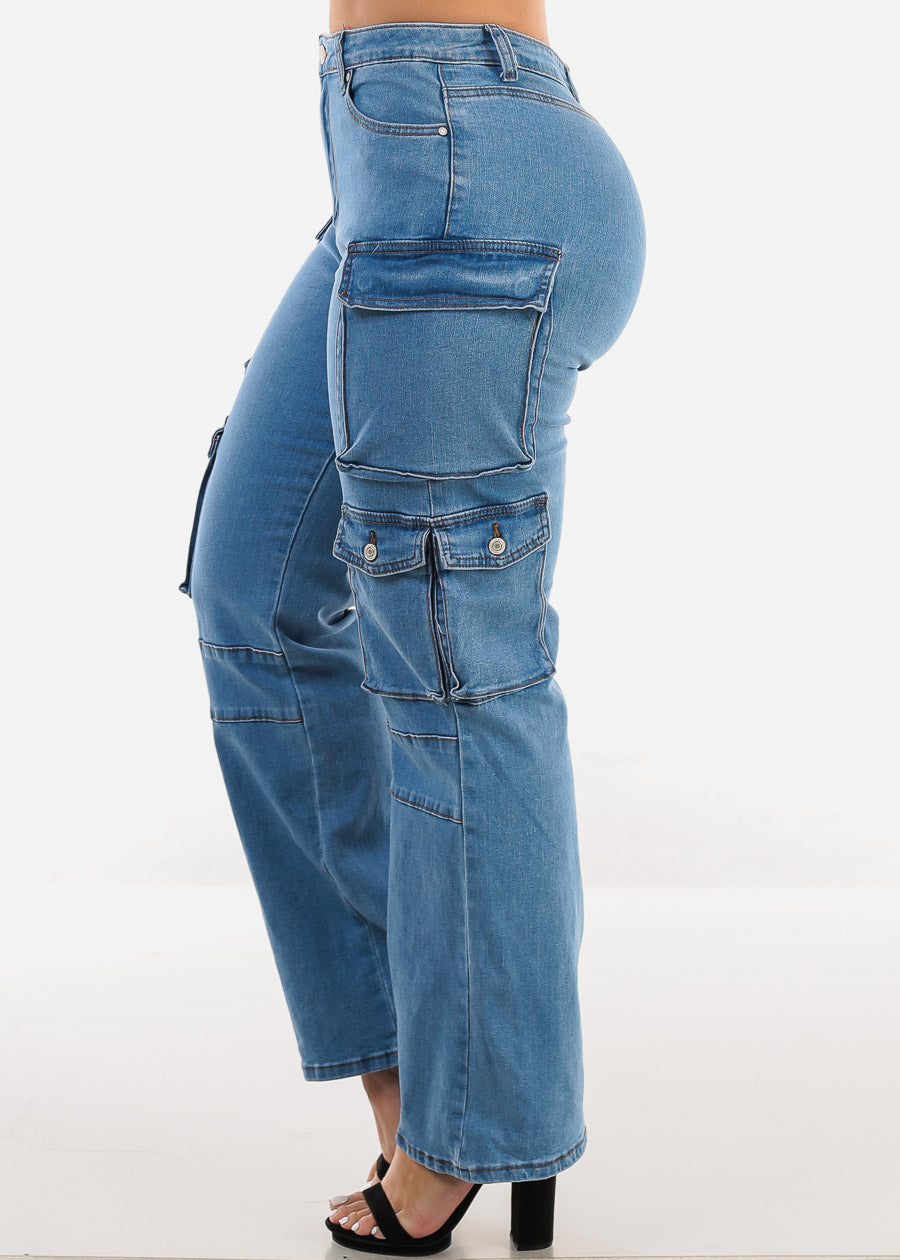 Super High Waist Straight Wide Leg Cargo Jeans Med Blue