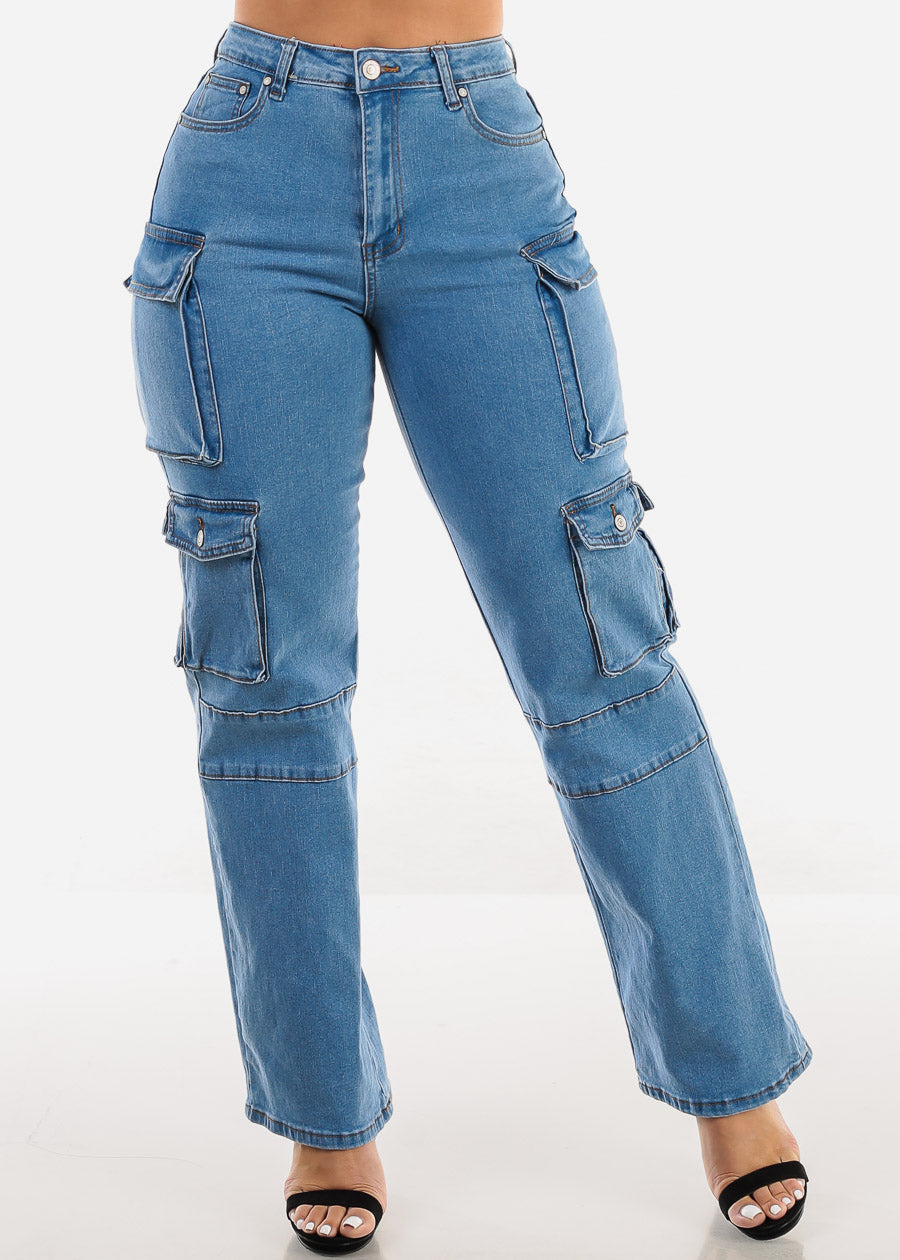 Super High Waist Straight Wide Leg Cargo Jeans Med Blue