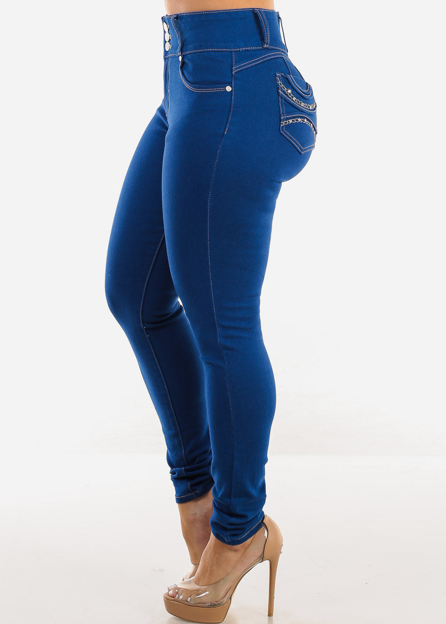 Butt Lift High Waist Chain Pocket Skinny Jeans Royal Blue