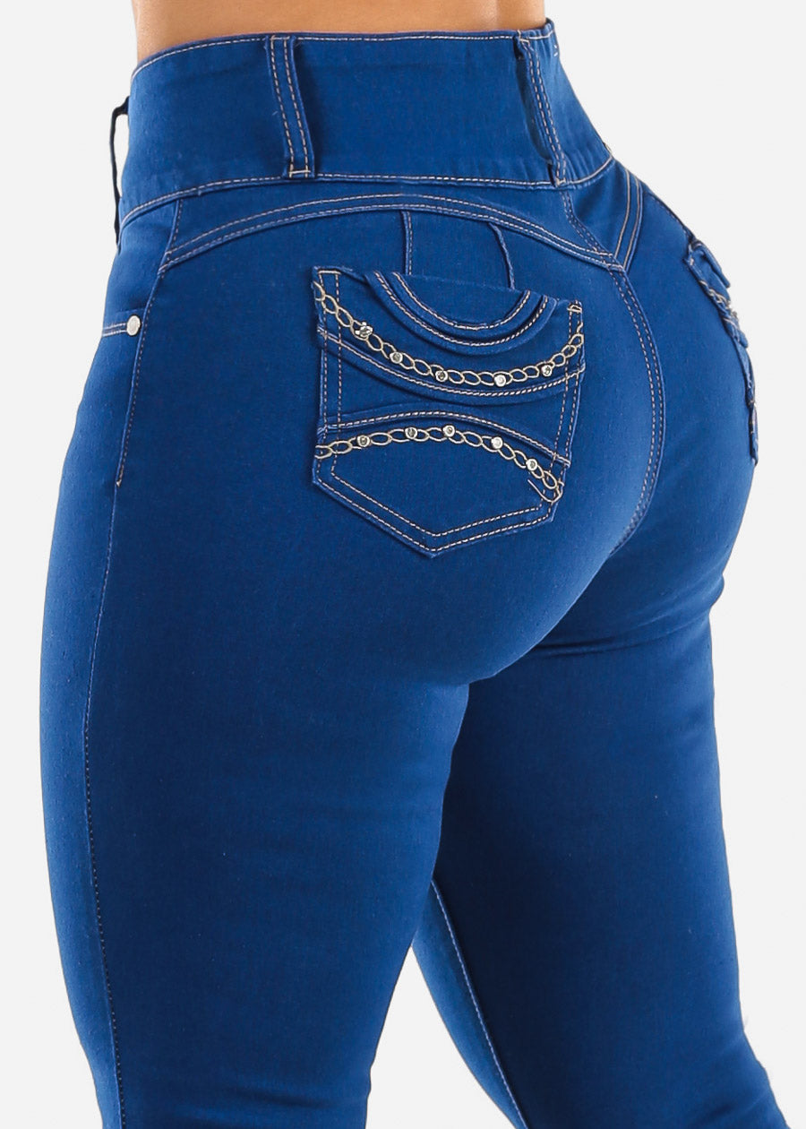 Butt Lift High Waist Chain Pocket Skinny Jeans Royal Blue