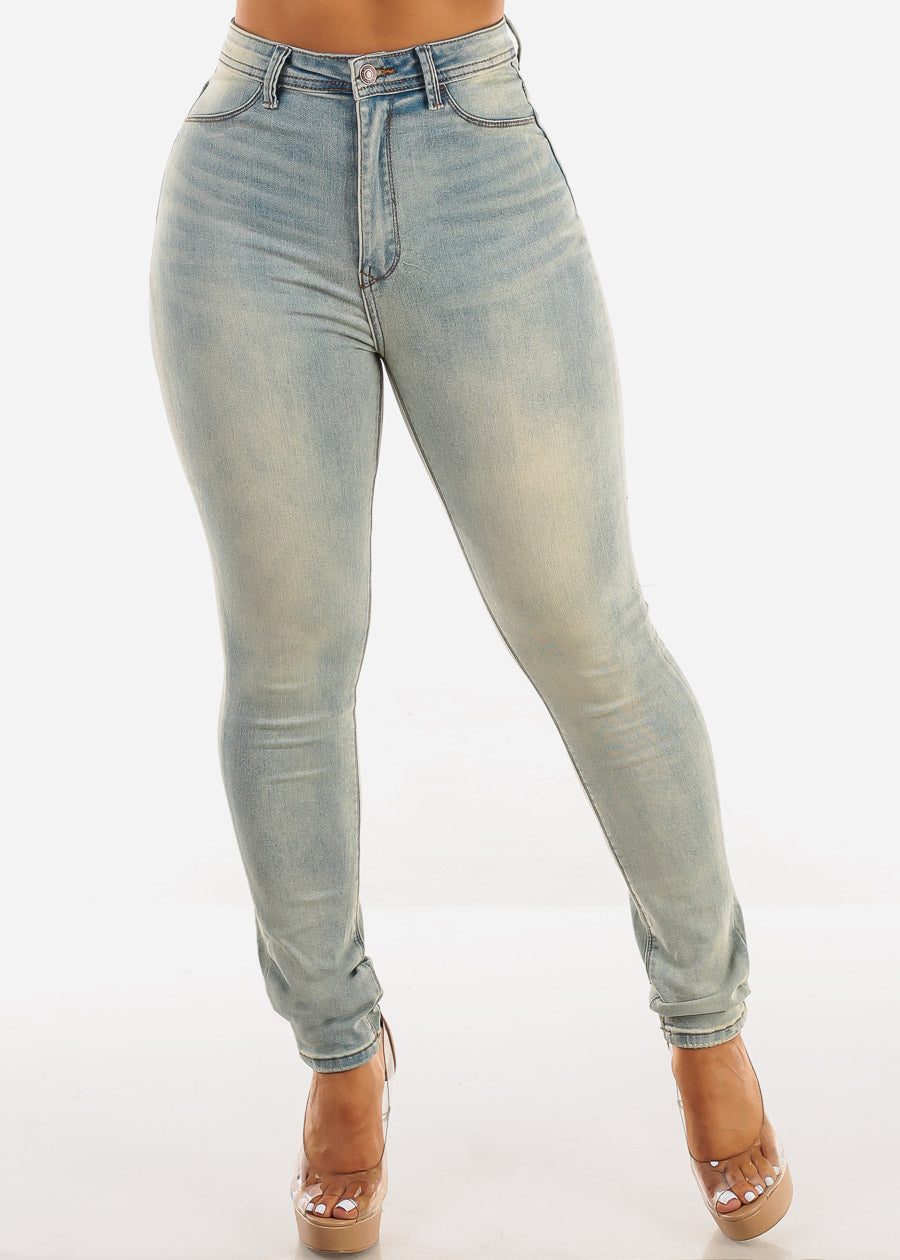 Super High Waist 1 Button Stretch Skinny Jeans Faded Wash