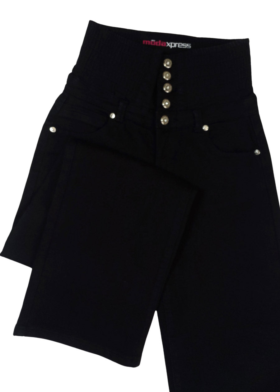 MX JEANS Butt Lift 5 Button Spandex Waist Straight Wide Leg Jeans Black