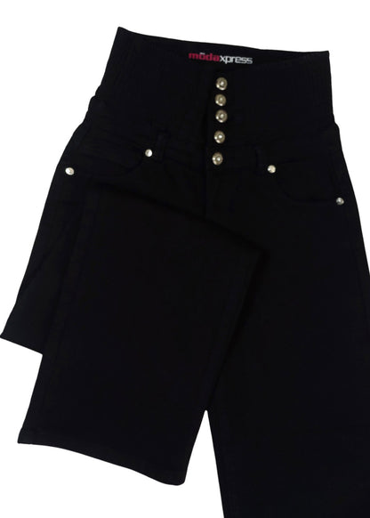 MX JEANS Butt Lift 5 Button Spandex Waist Straight Wide Leg Jeans Black