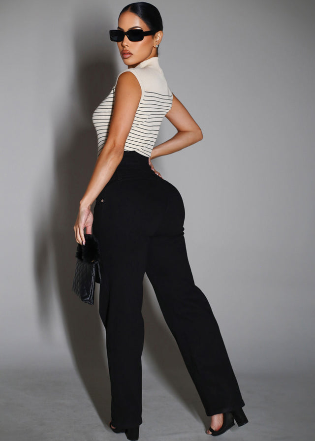 MX JEANS Butt Lift 5 Button Spandex Waist Straight Wide Leg Jeans Black