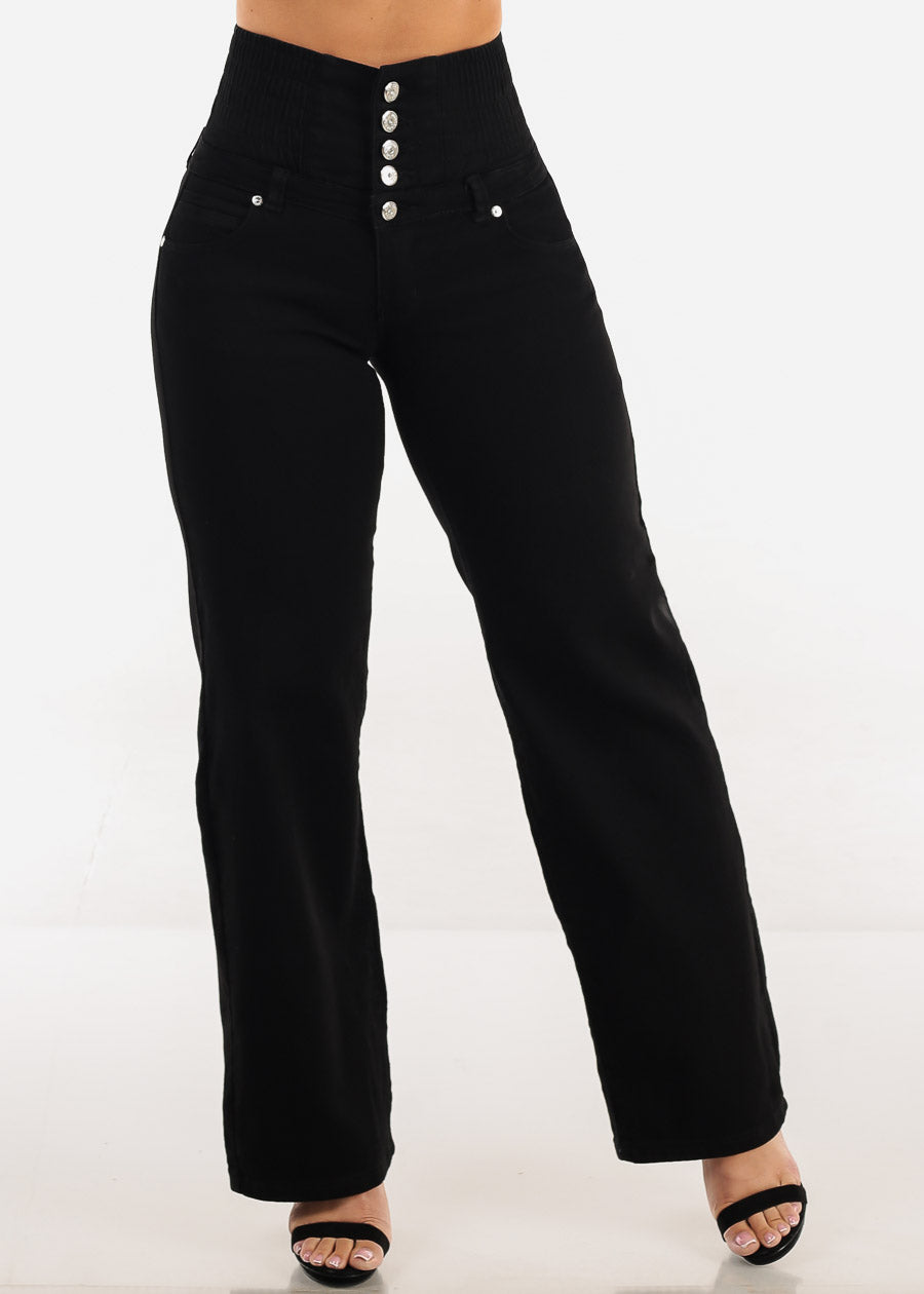MX JEANS Butt Lift 5 Button Spandex Waist Straight Wide Leg Jeans Black