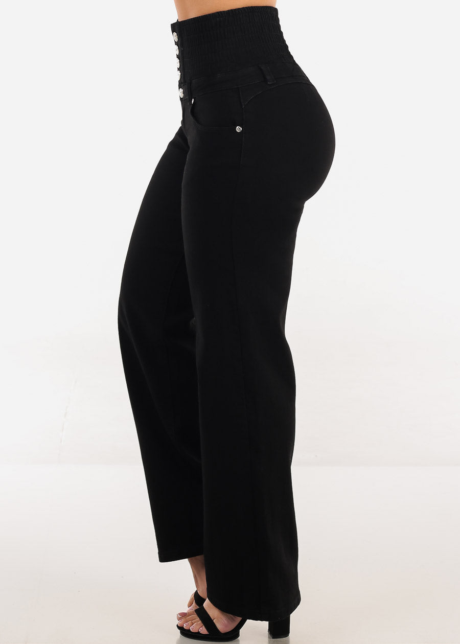 MX JEANS Butt Lift 5 Button Spandex Waist Straight Wide Leg Jeans Black