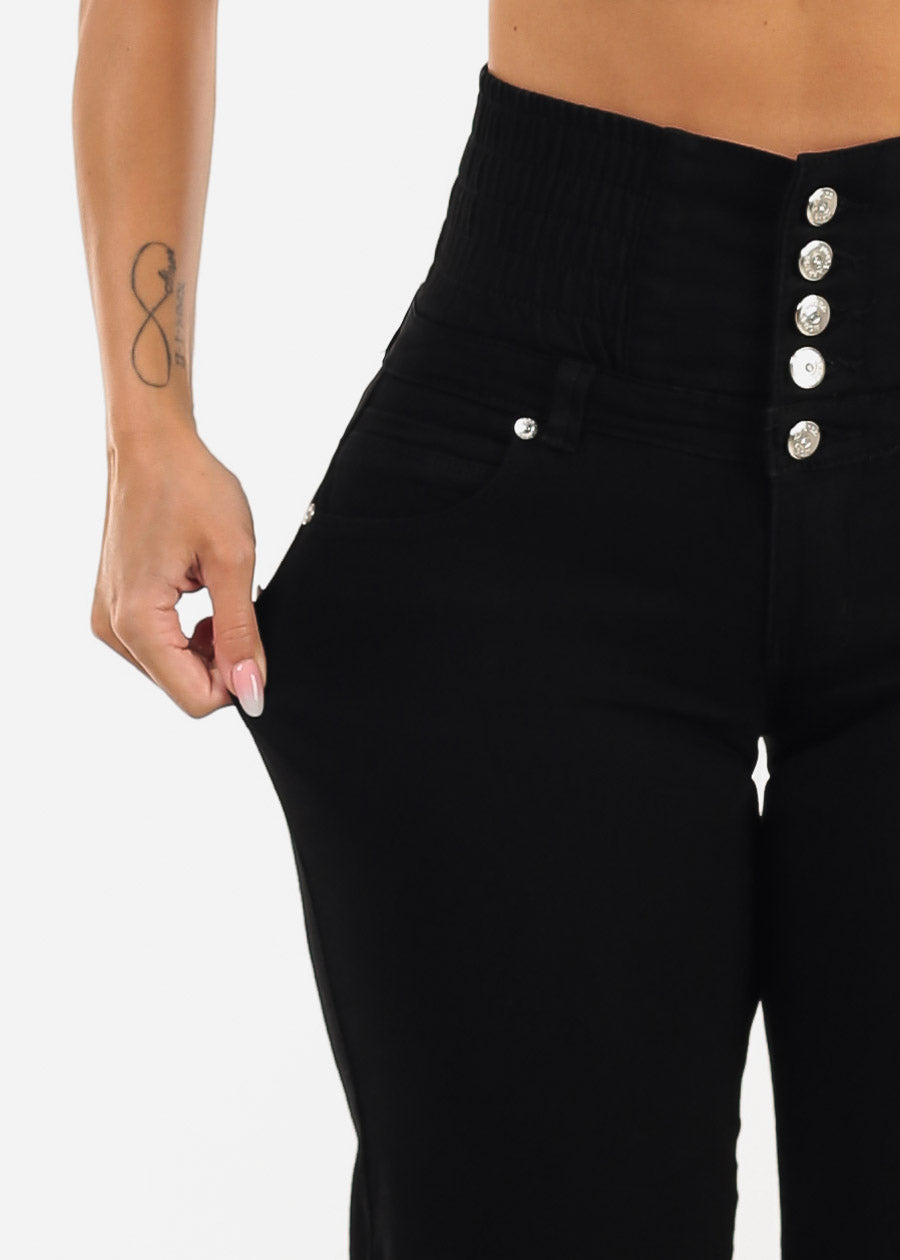 MX JEANS Butt Lift 5 Button Spandex Waist Straight Wide Leg Jeans Black