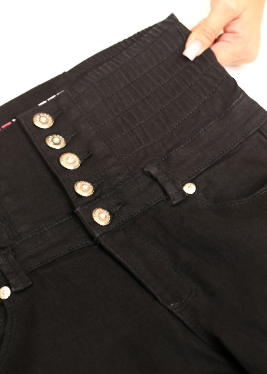 MX JEANS Butt Lift 5 Button Spandex Waist Straight Wide Leg Jeans Black