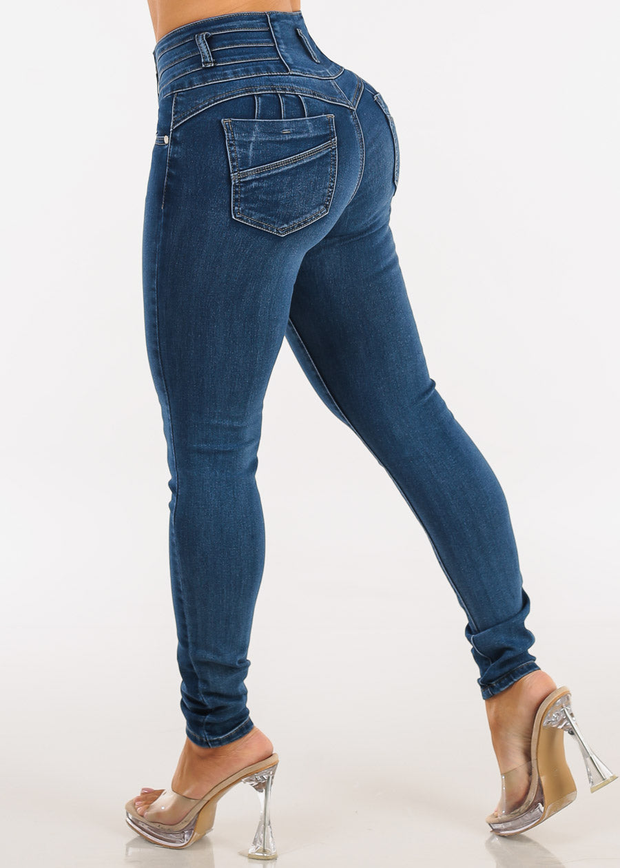 Levantacola High Waist Stretch Skinny Jeans Dark Bleach Wash