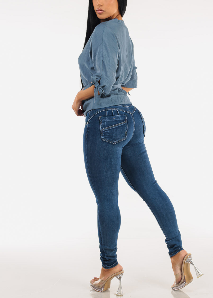 Levantacola High Waist Stretch Skinny Jeans Dark Bleach Wash