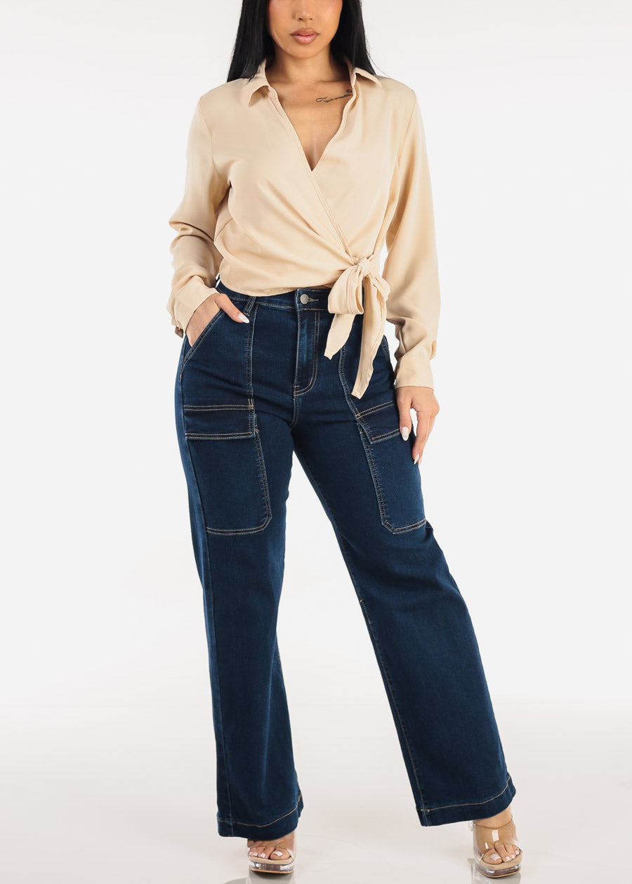 Butt Lift Super High Waist Wide Leg Stretch Jeans Dark Wash