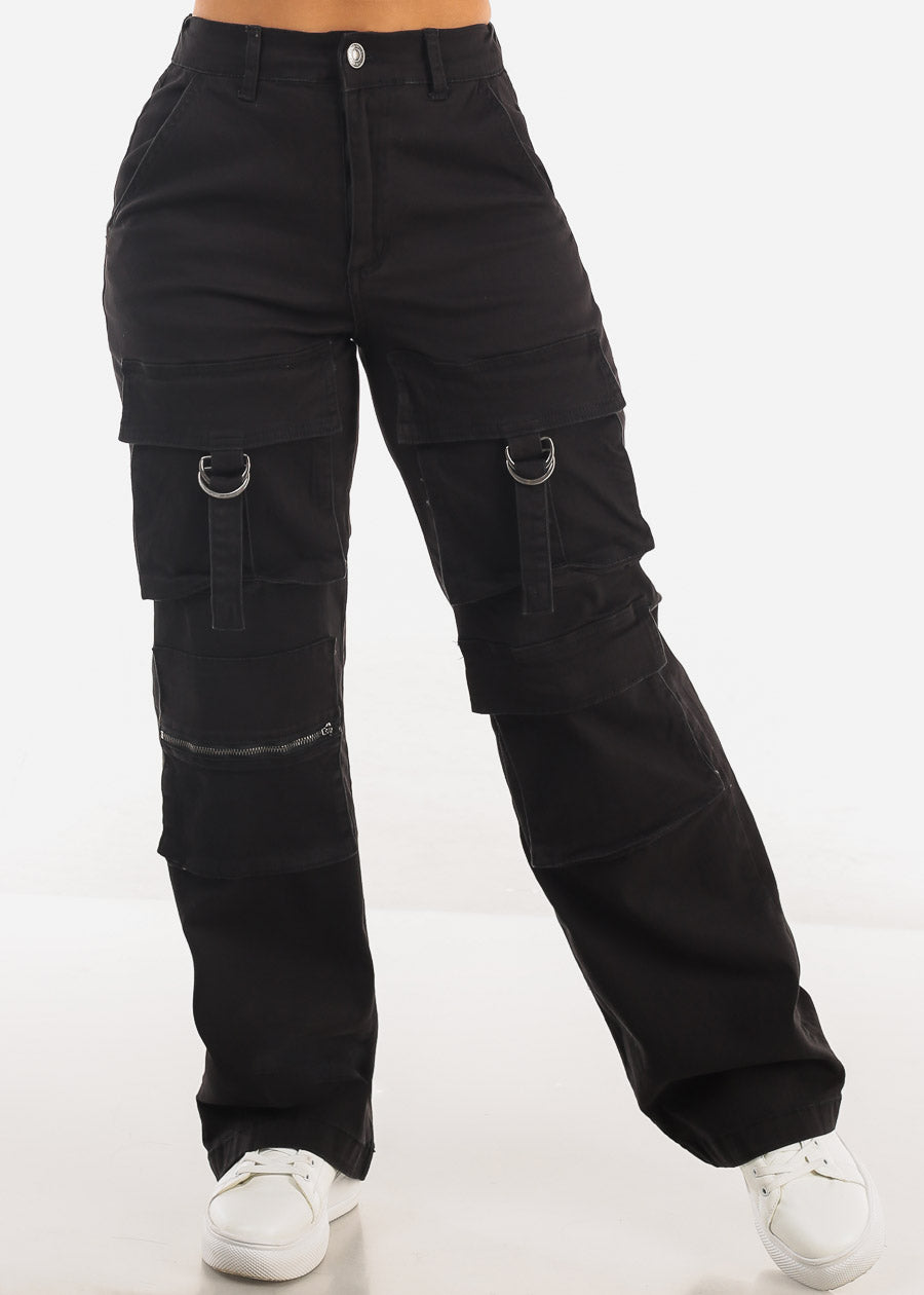 Super High Waist Straight Wide Leg Cargo Jeans Black