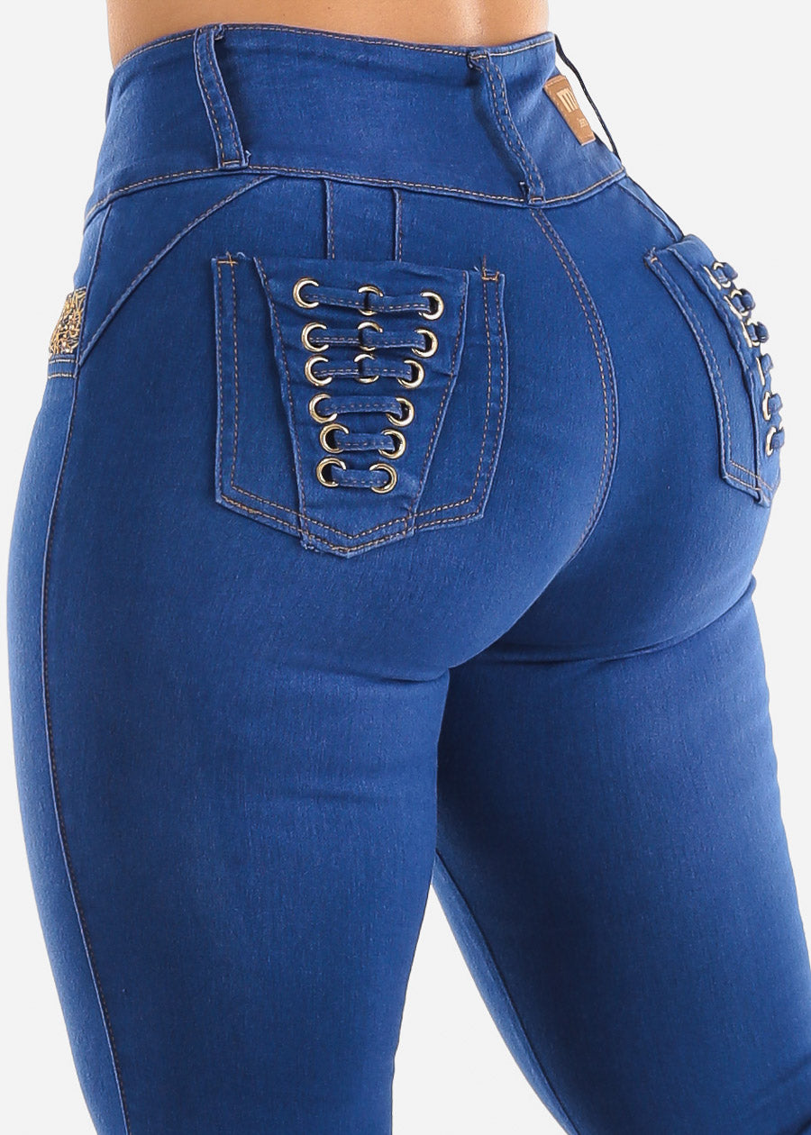 Butt Lifting Mid Rise Blue Skinny Jeans - Tush Push Med Wash Denim