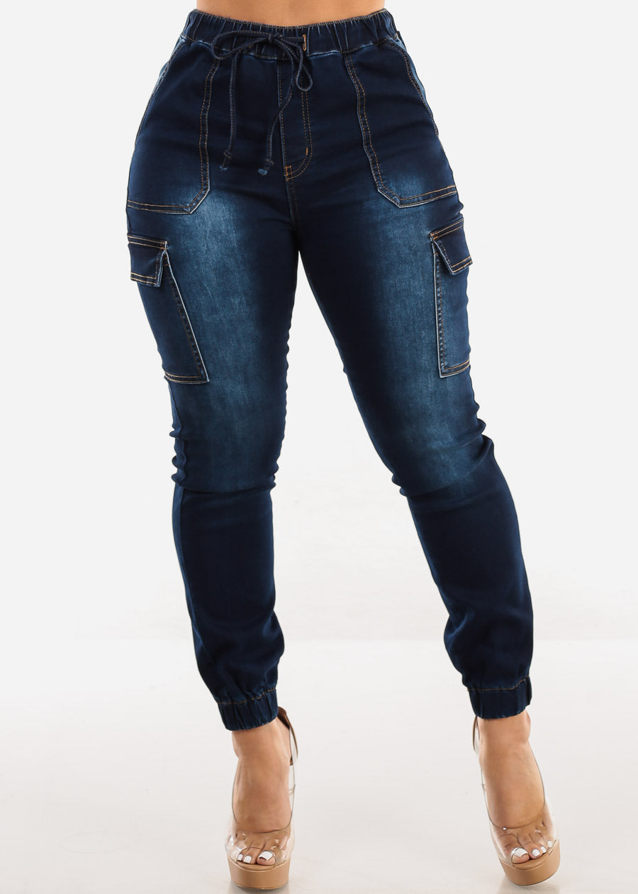 High Drawstring Waist Cargo Jogger Jeans Dark Blue