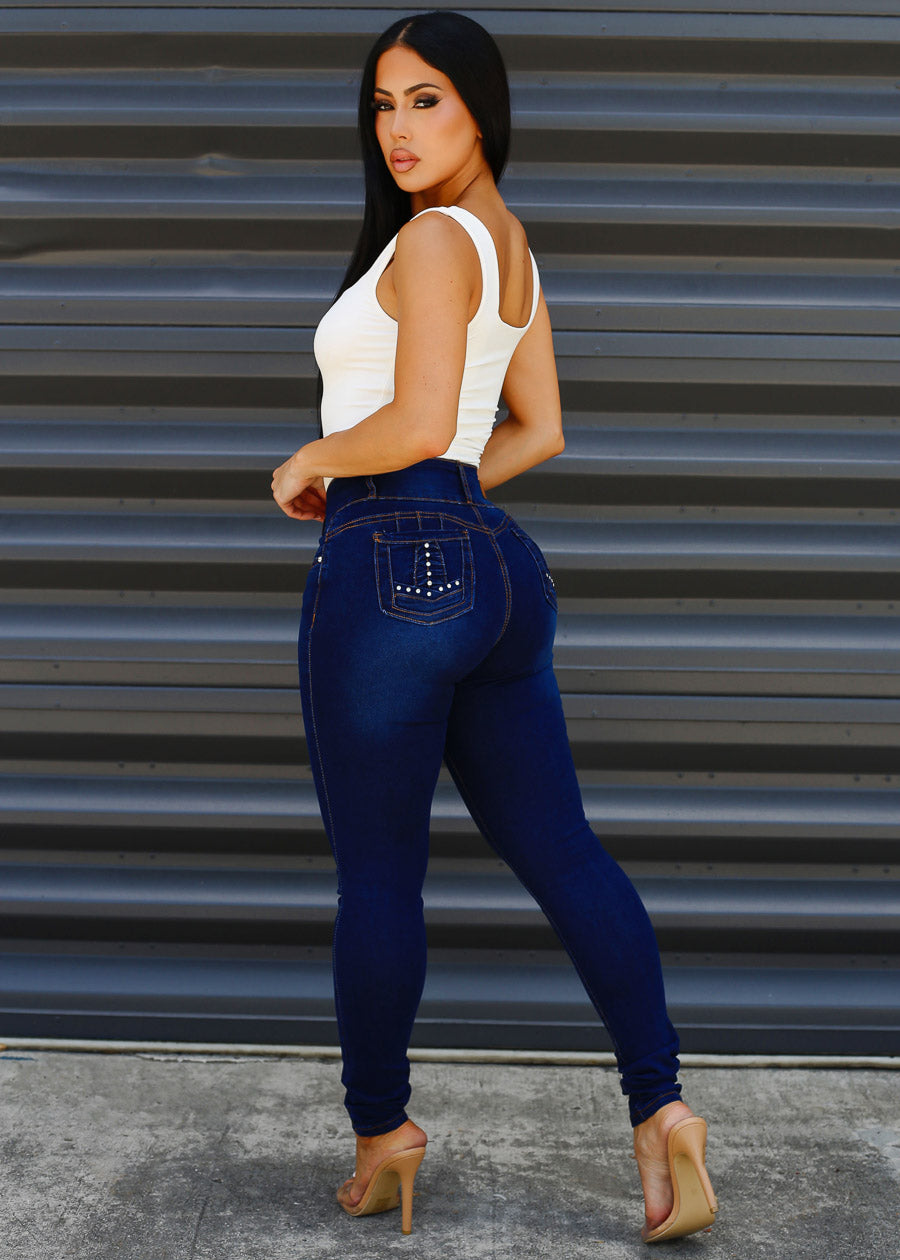 Butt Lift Mid Rise Stretch Skinny Jeans Dark Blue