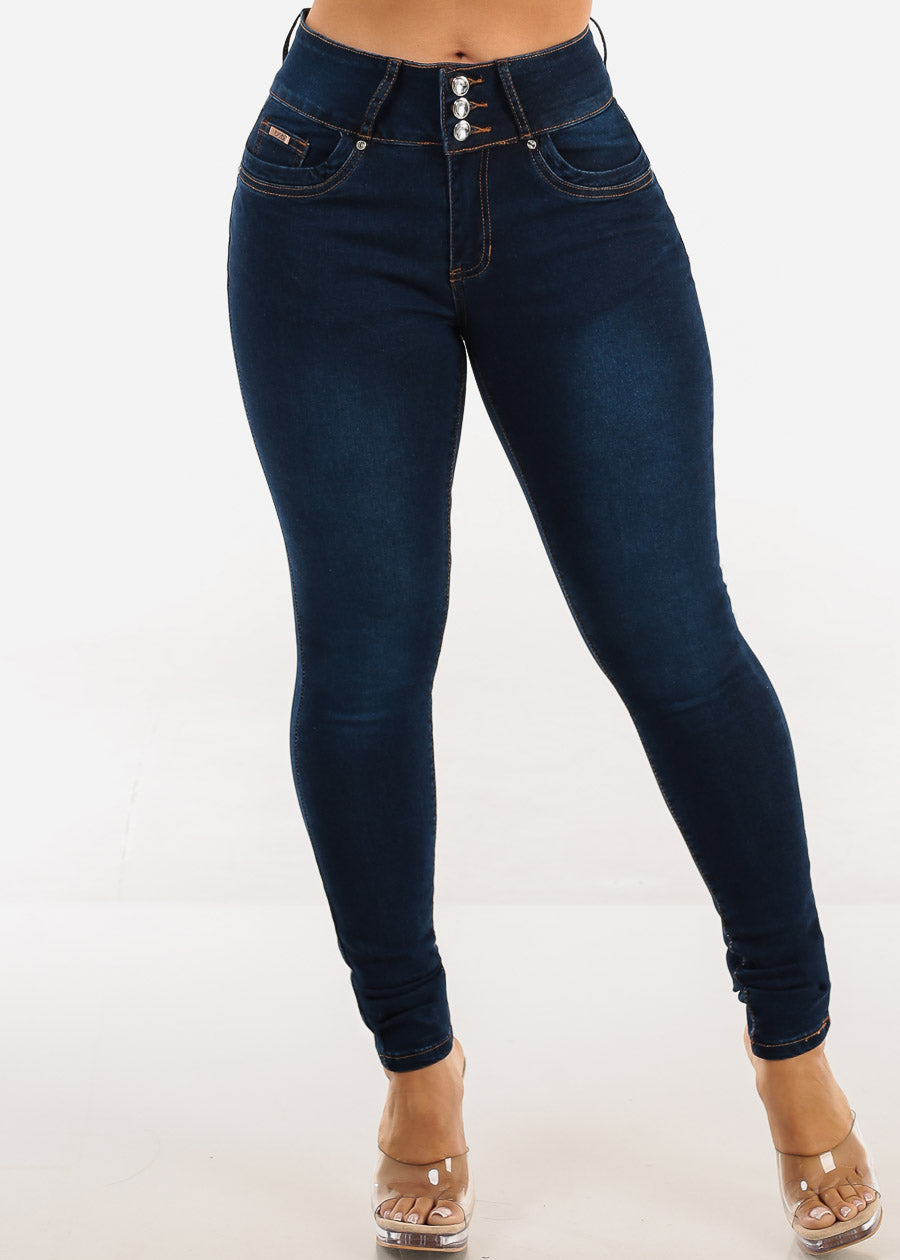 Butt Lift Mid Rise Stretch Skinny Jeans Dark Blue