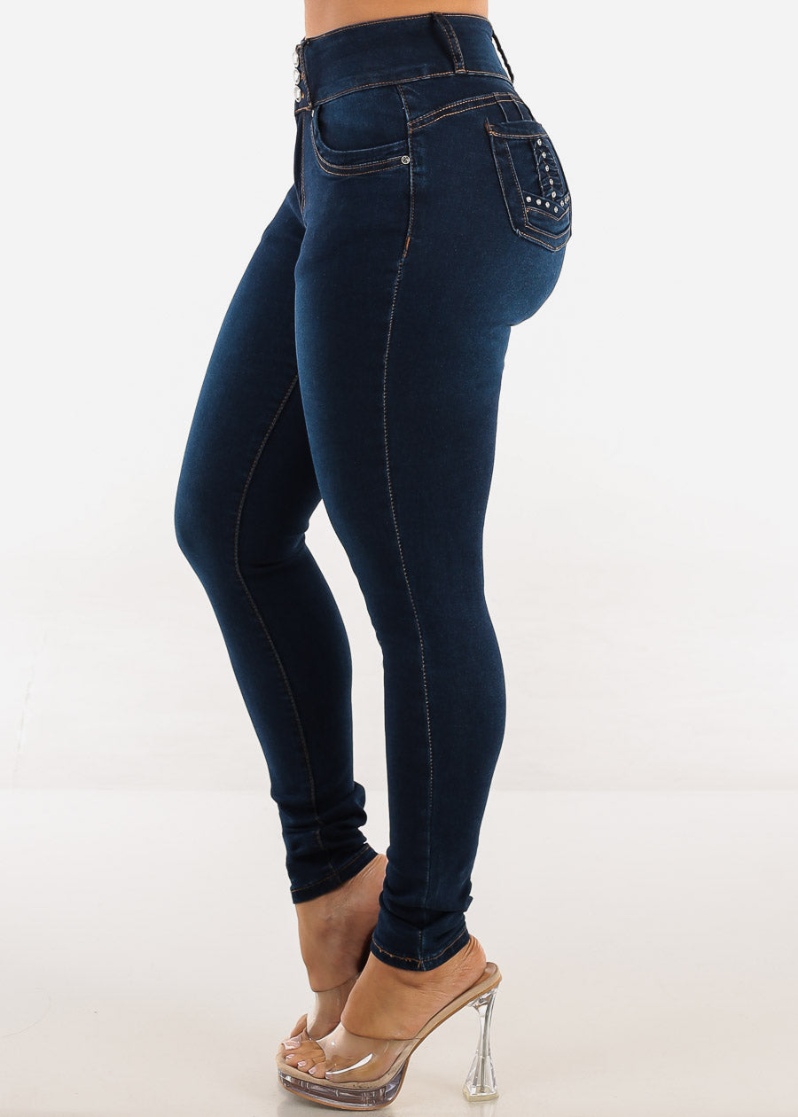 Butt Lift Mid Rise Stretch Skinny Jeans Dark Blue