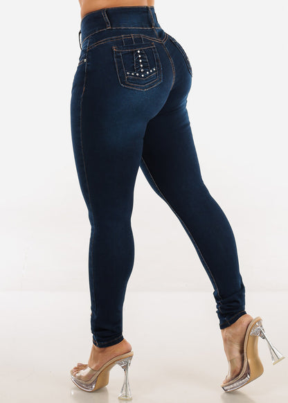 Butt Lift Mid Rise Stretch Skinny Jeans Dark Blue